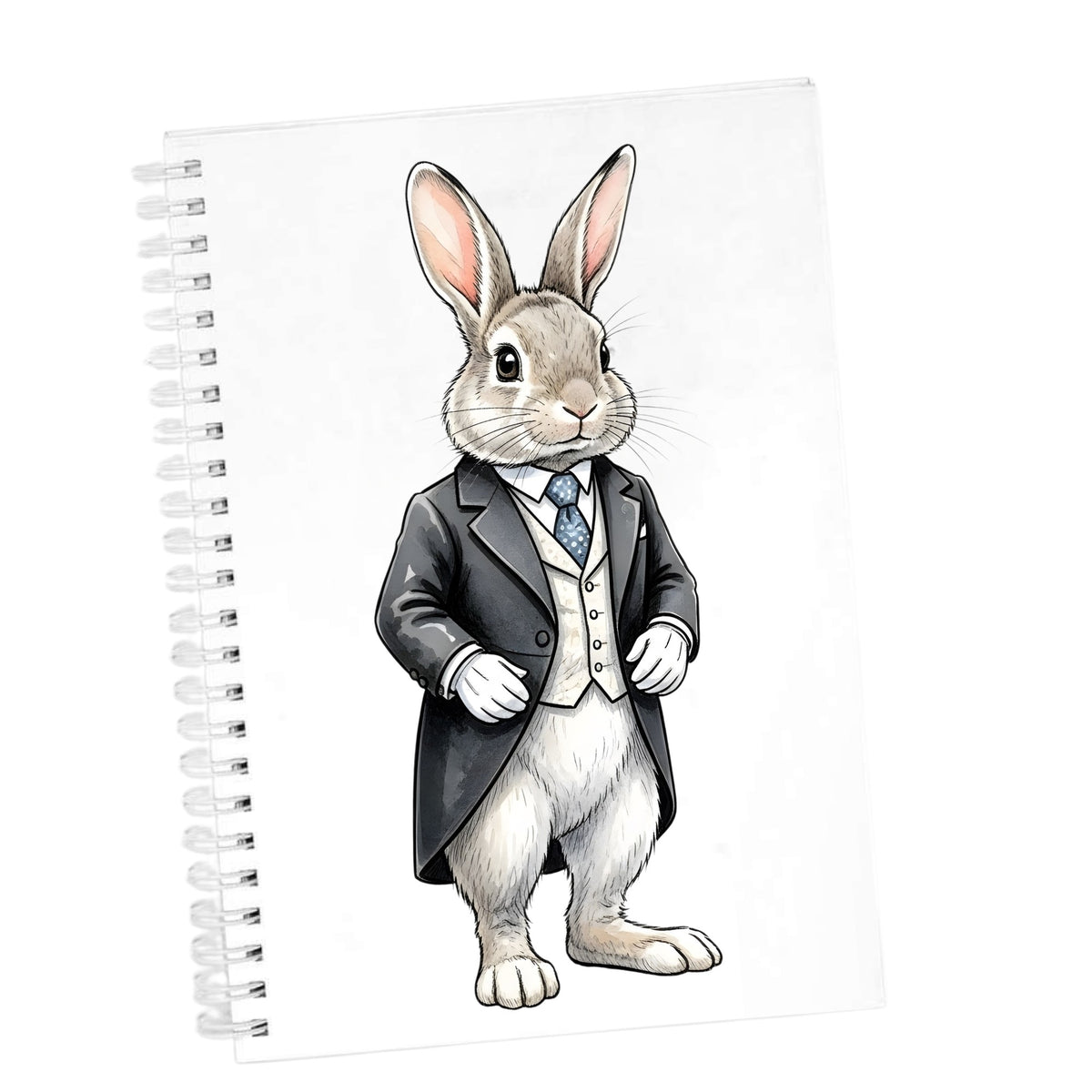 Rabbit Black Tailcoat Blue Tie UV DTF sticker applied to the cover of a white spiral journal