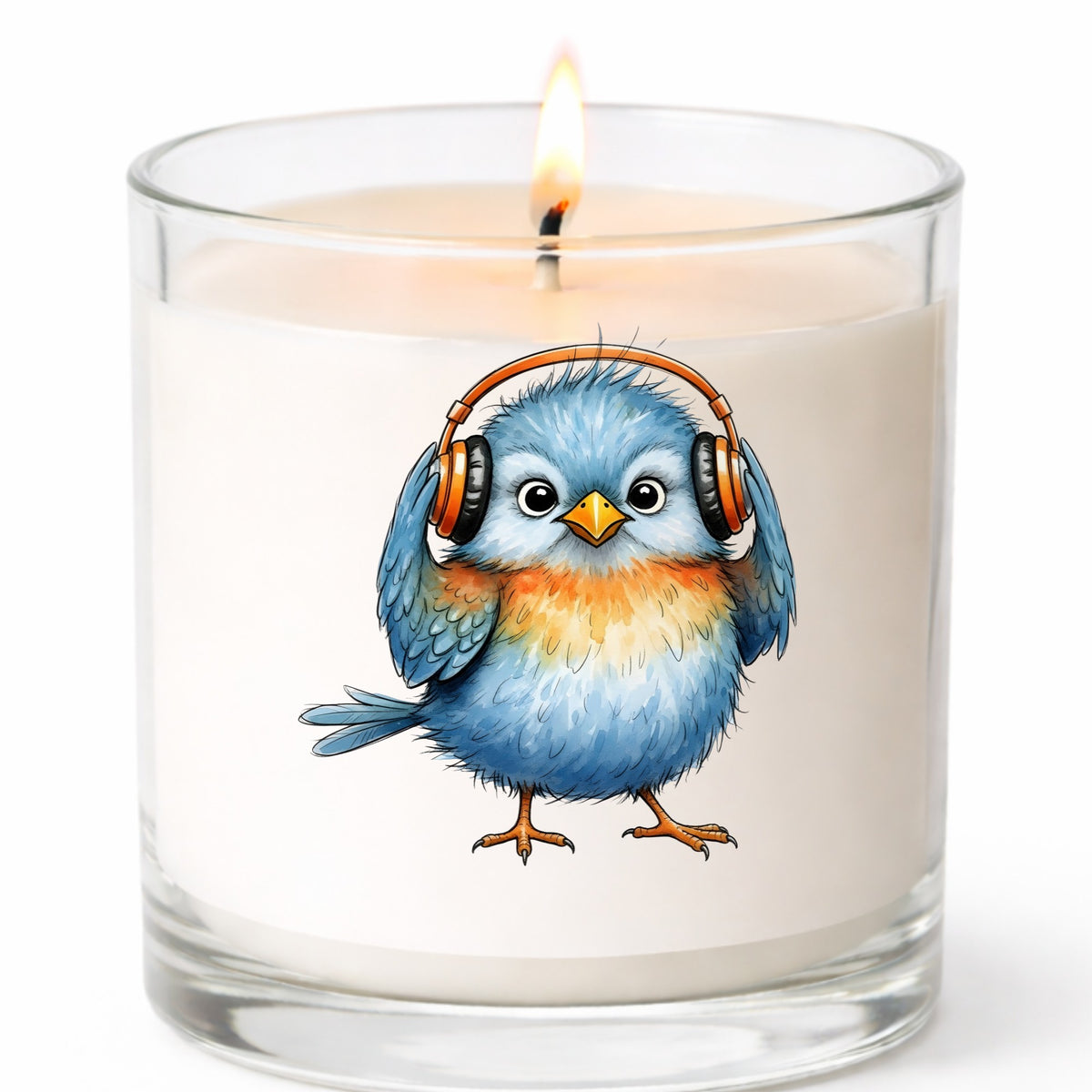 Blue Bird With Headphones UV DTF sticker applied to a white candle in a clear glass jar