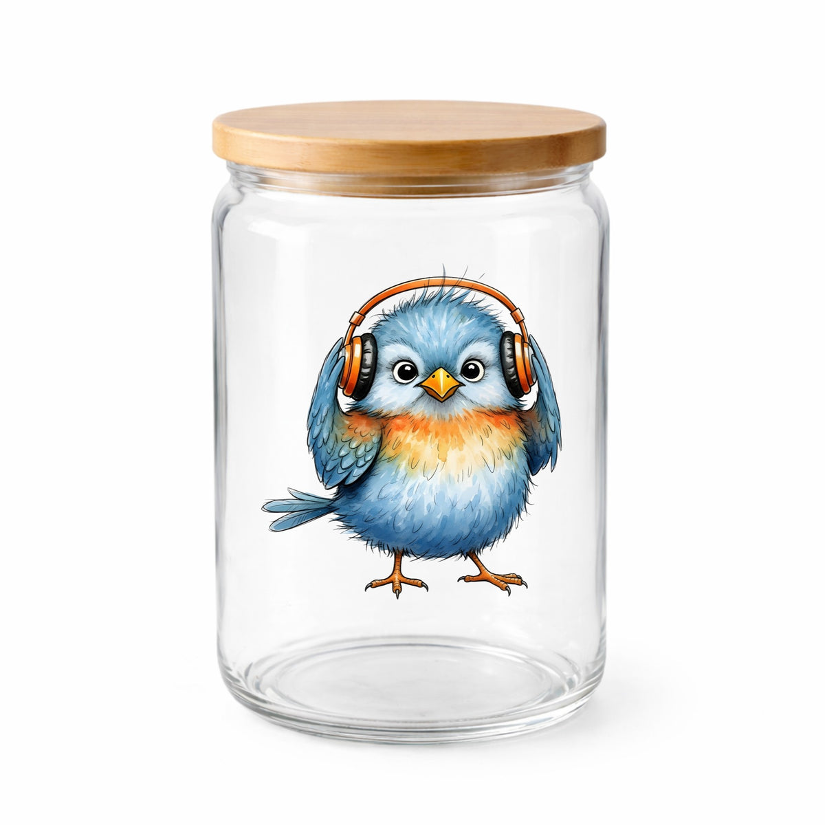 Blue Bird With Headphones UV DTF sticker applied to a clear glass jar with a wooden lid