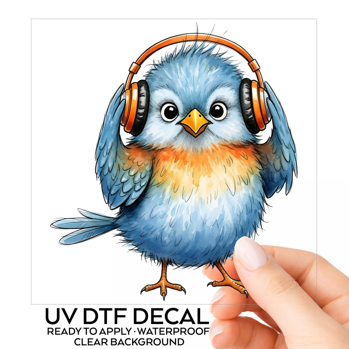 Blue Bird With Headphones UV DTF sticker on its backing card, held in hand