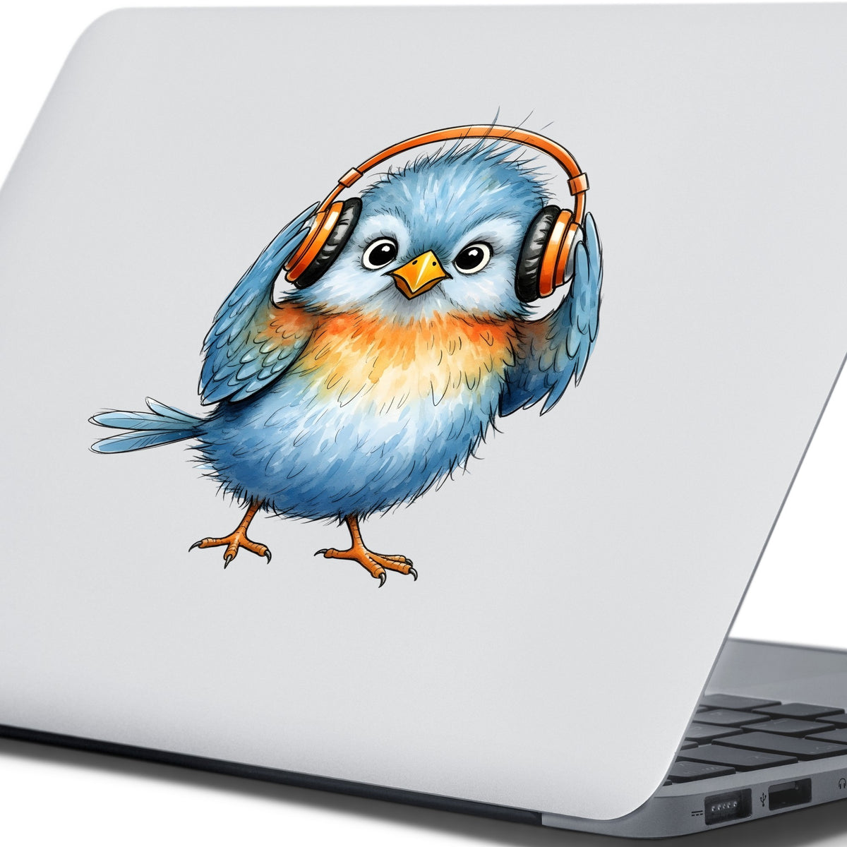 Blue Bird With Headphones UV DTF sticker applied to the lid of a silver laptop