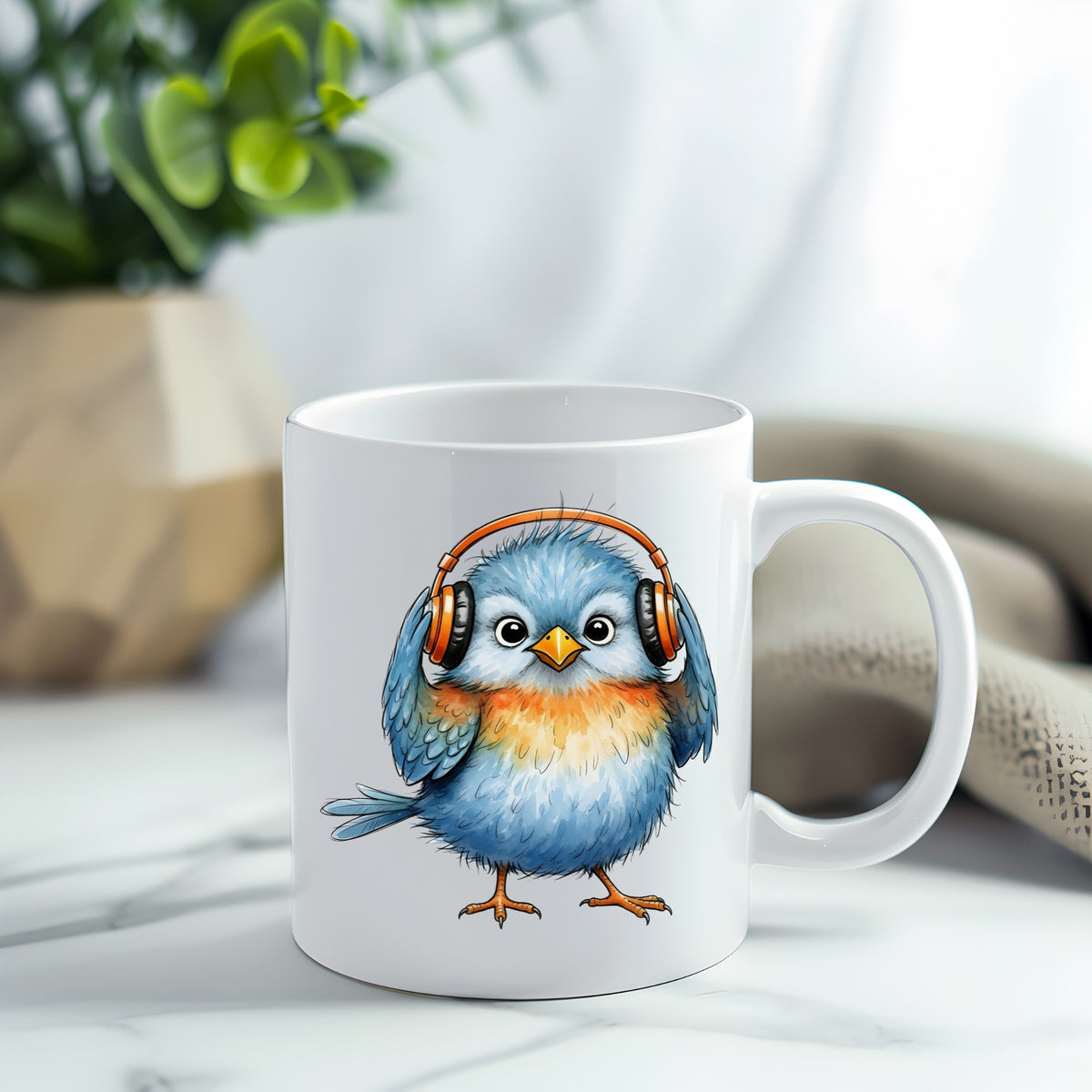 Blue Bird With Headphones UV DTF sticker applied to a white coffee mug