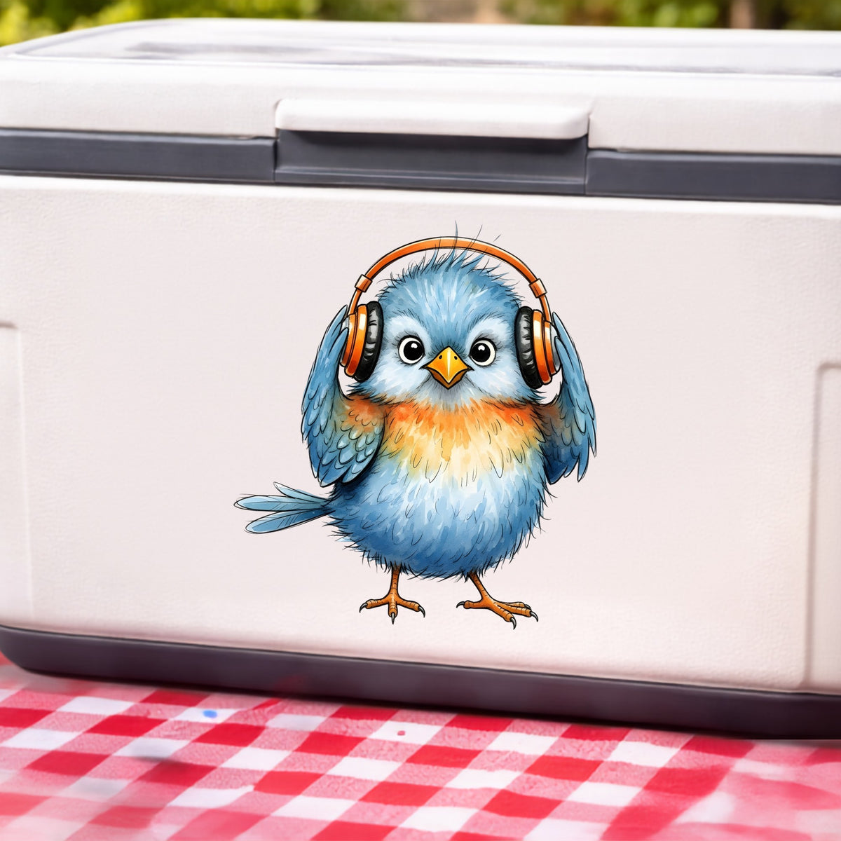 Blue Bird With Headphones UV DTF sticker applied to a white cooler on a red gingham cloth