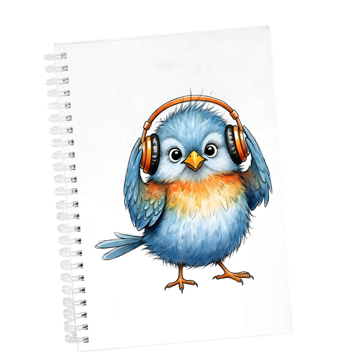 Blue Bird With Headphones UV DTF sticker applied to the cover of a white spiral journal