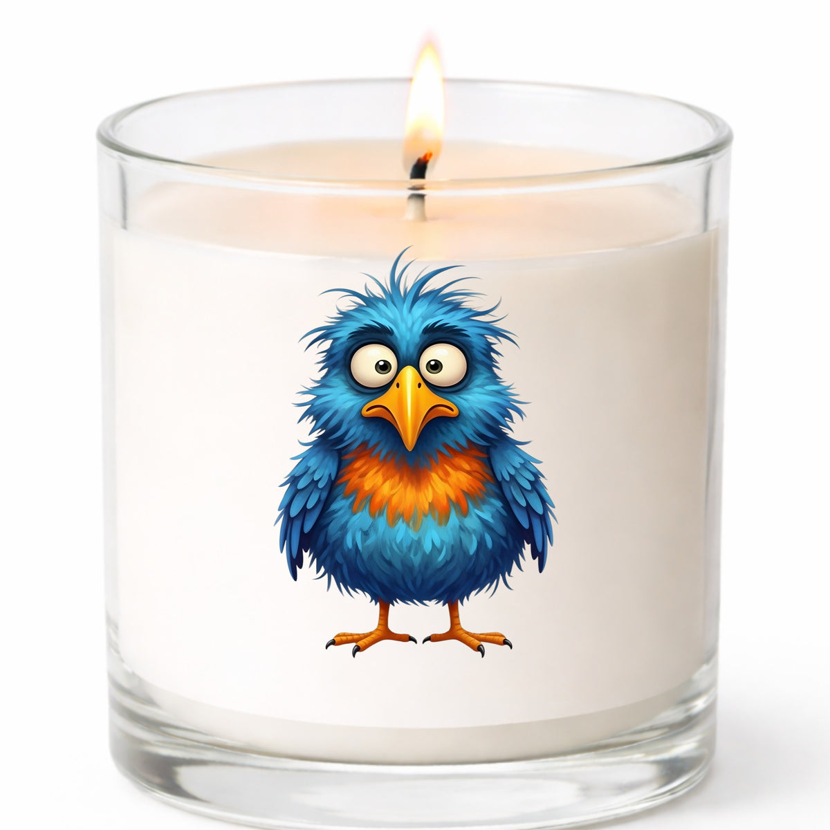 Wide Eyed Shaggy Blue Bird UV DTF sticker applied to a white candle in a clear glass jar