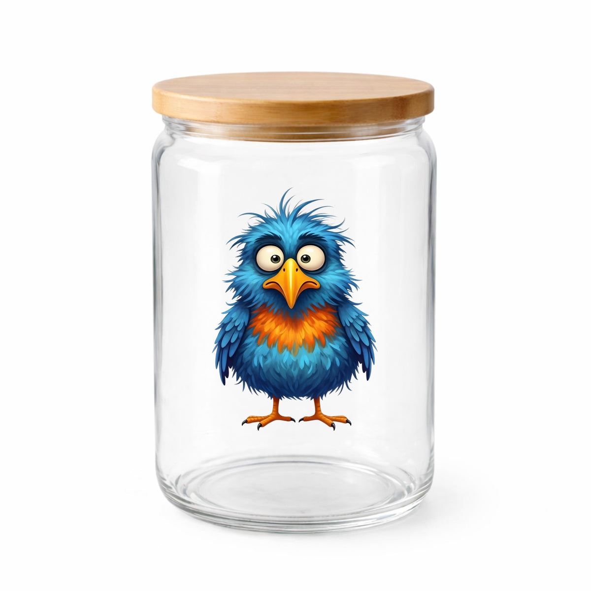 Wide Eyed Shaggy Blue Bird UV DTF sticker applied to a clear glass jar with a wooden lid