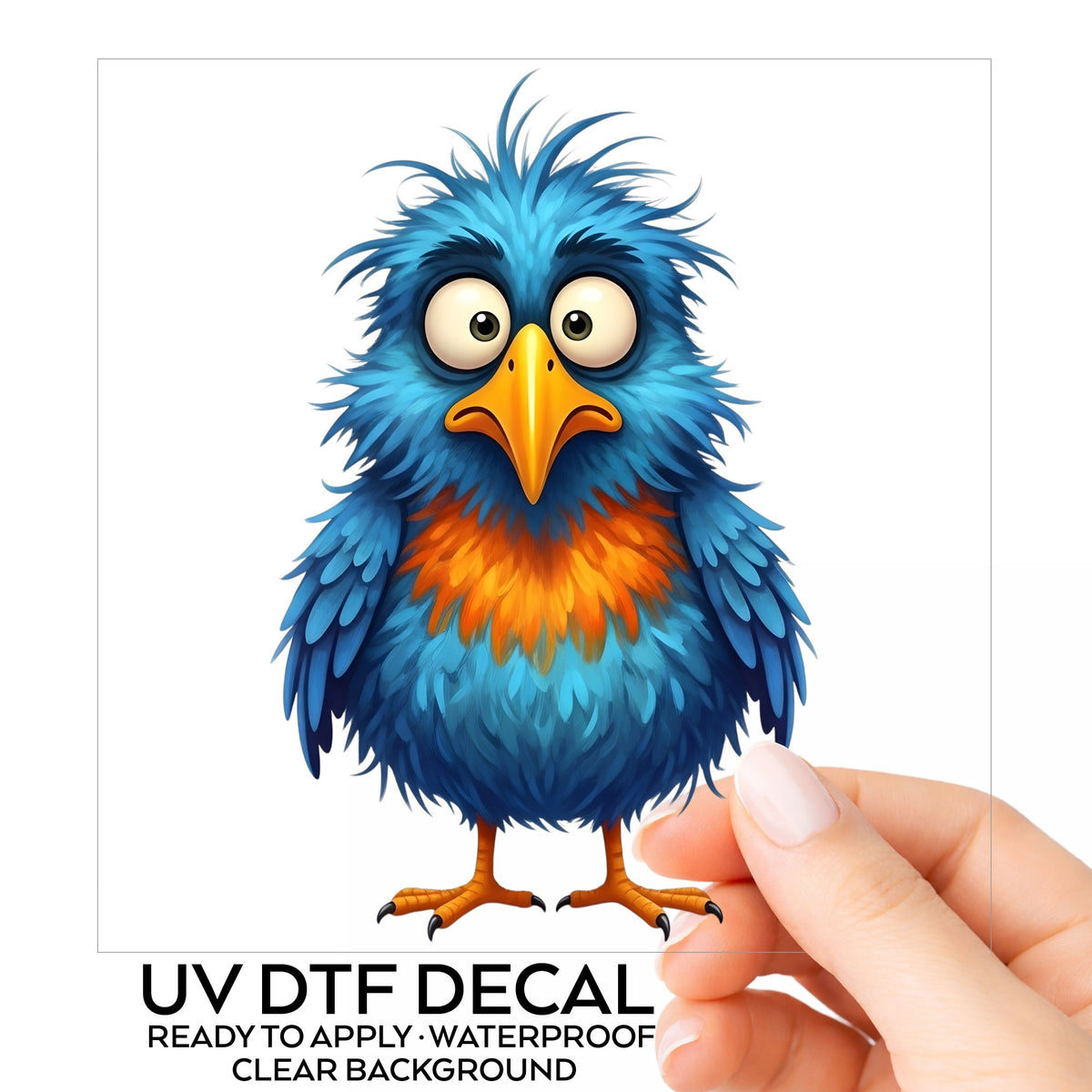 Wide Eyed Shaggy Blue Bird UV DTF sticker on its backing card, held in hand