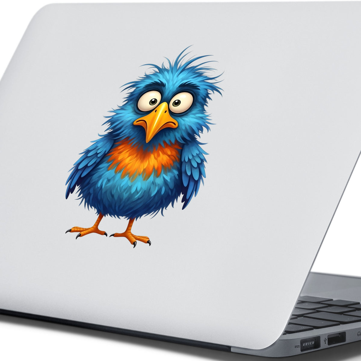 Wide Eyed Shaggy Blue Bird UV DTF sticker applied to the lid of a silver laptop