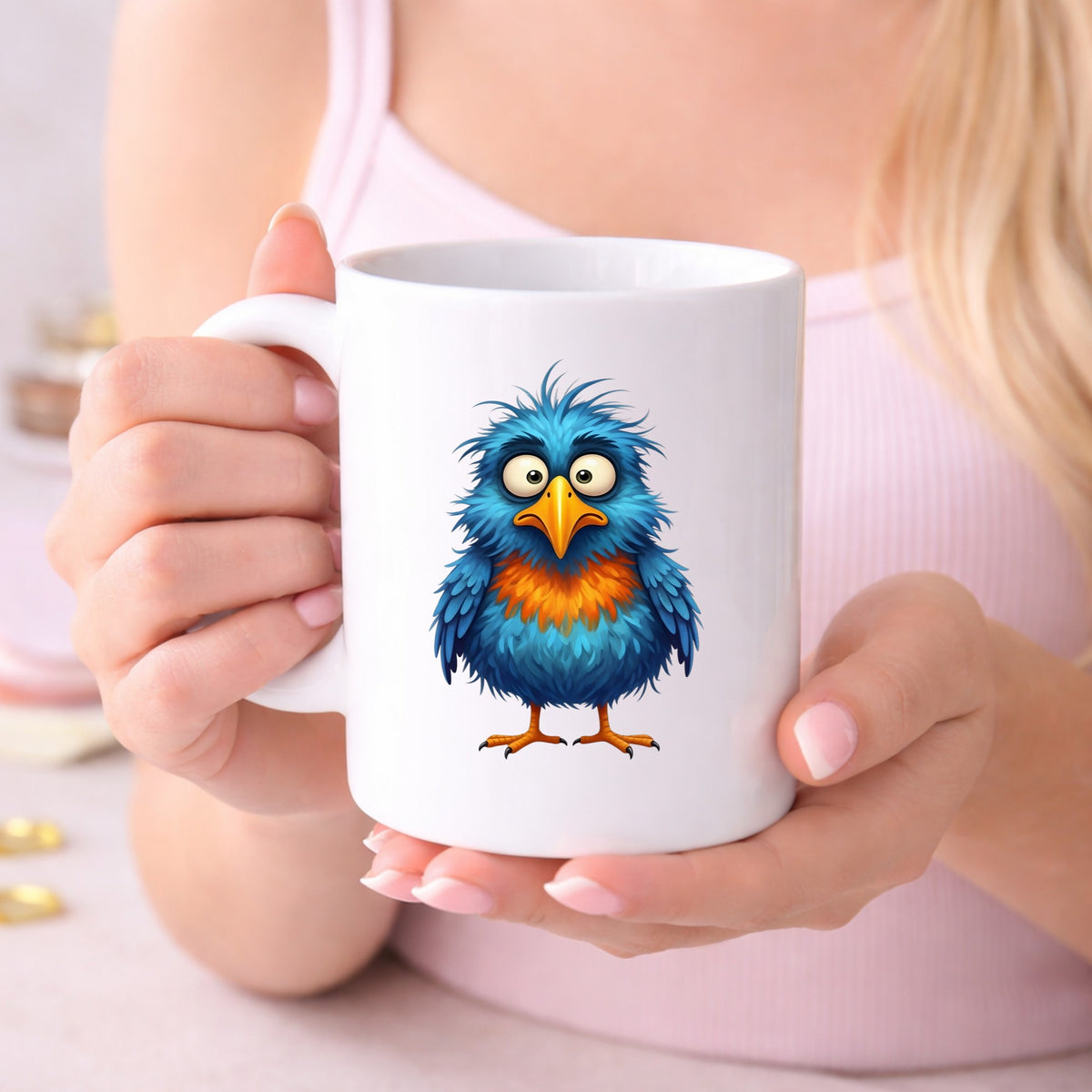 Wide Eyed Shaggy Blue Bird UV DTF sticker applied to a white coffee mug held in both hands