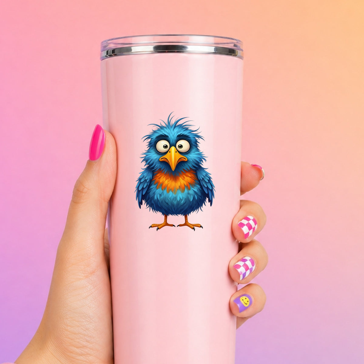 Wide Eyed Shaggy Blue Bird UV DTF sticker applied to a tall pink tumbler on a pink and orange background