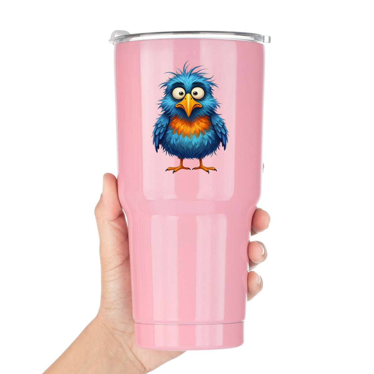 Wide Eyed Shaggy Blue Bird UV DTF sticker applied to a pink tumbler held against a white background