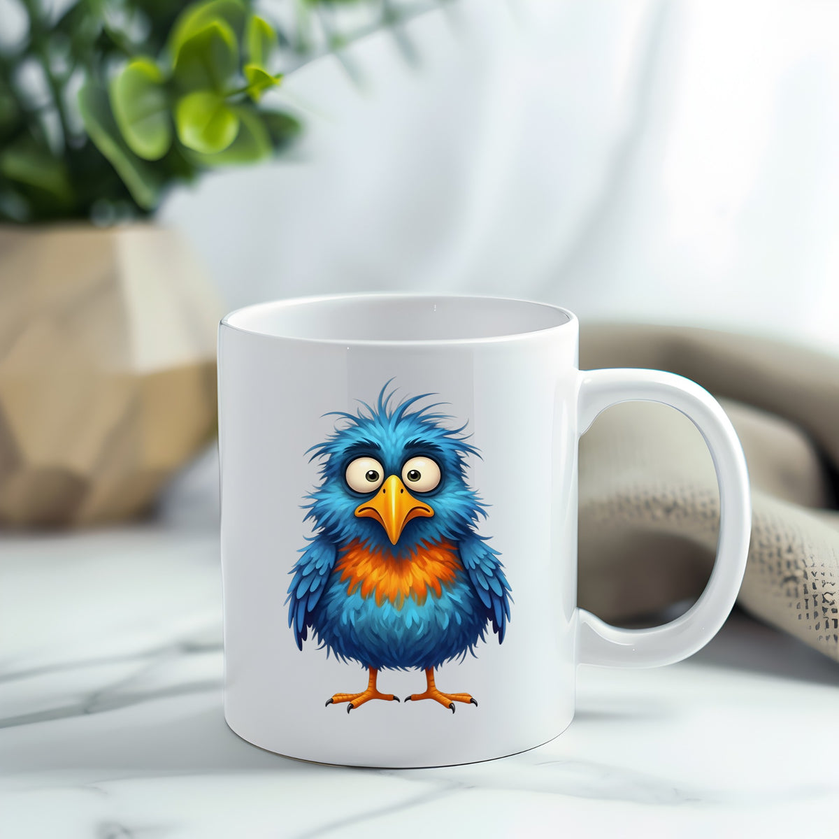 Wide Eyed Shaggy Blue Bird UV DTF sticker applied to a white coffee mug