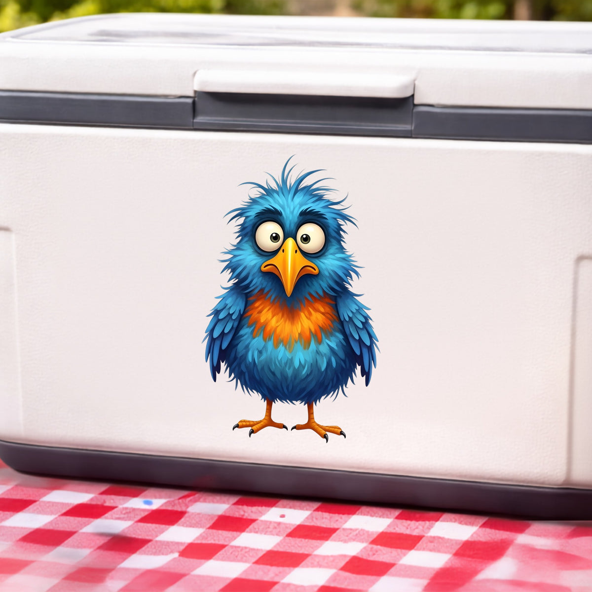 Wide Eyed Shaggy Blue Bird UV DTF sticker applied to a white cooler on a red gingham cloth