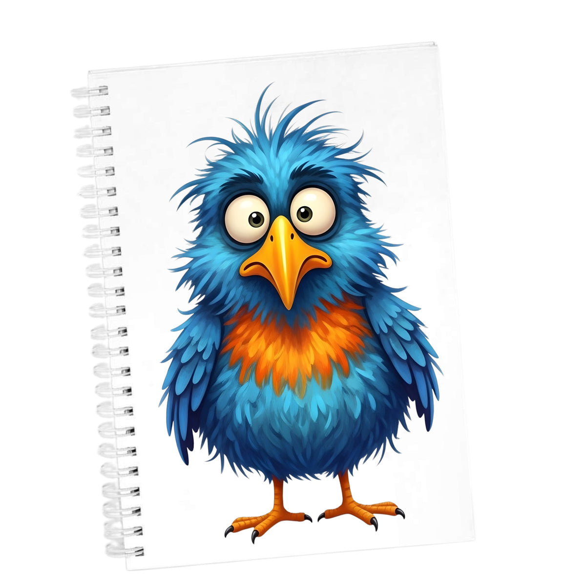 Wide Eyed Shaggy Blue Bird UV DTF sticker applied to the cover of a white spiral journal