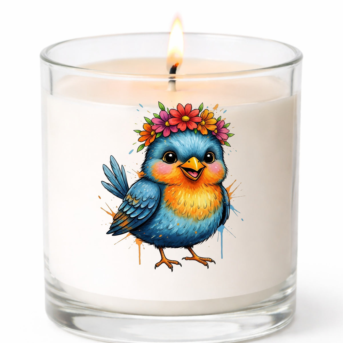 Flower Crown Blue Bird UV DTF sticker applied to a white candle in a clear glass jar