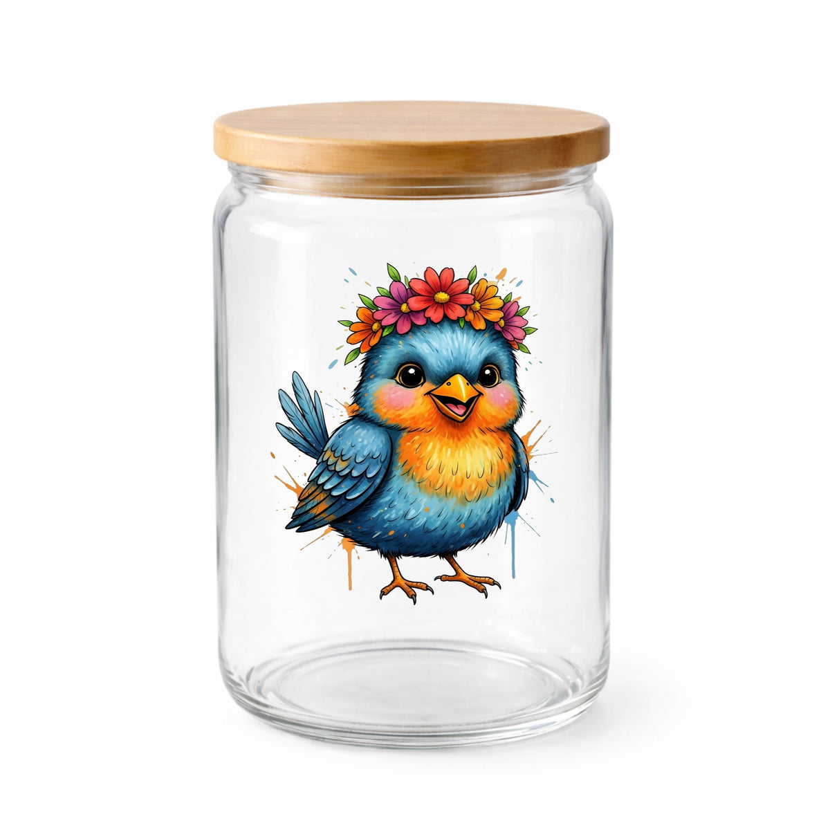 Flower Crown Blue Bird UV DTF sticker applied to a clear glass jar with a wooden lid
