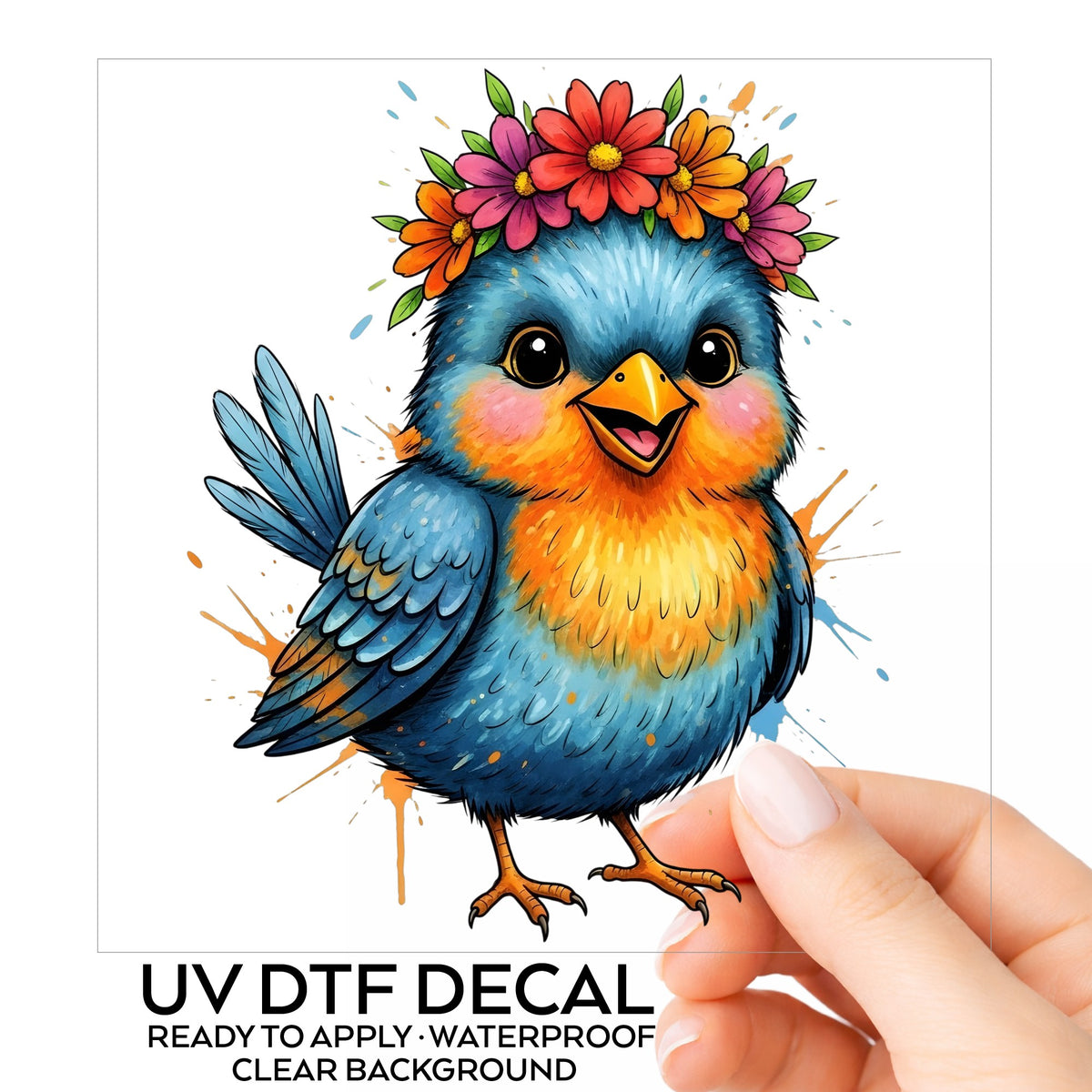 Flower Crown Blue Bird UV DTF sticker on its backing card, held in hand