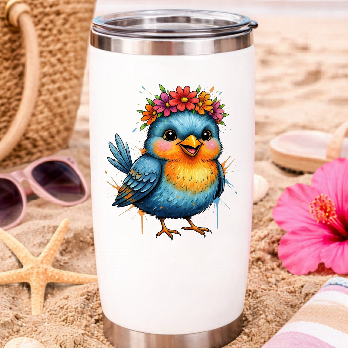 Flower Crown Blue Bird UV DTF sticker applied to a white travel tumbler on beach sand