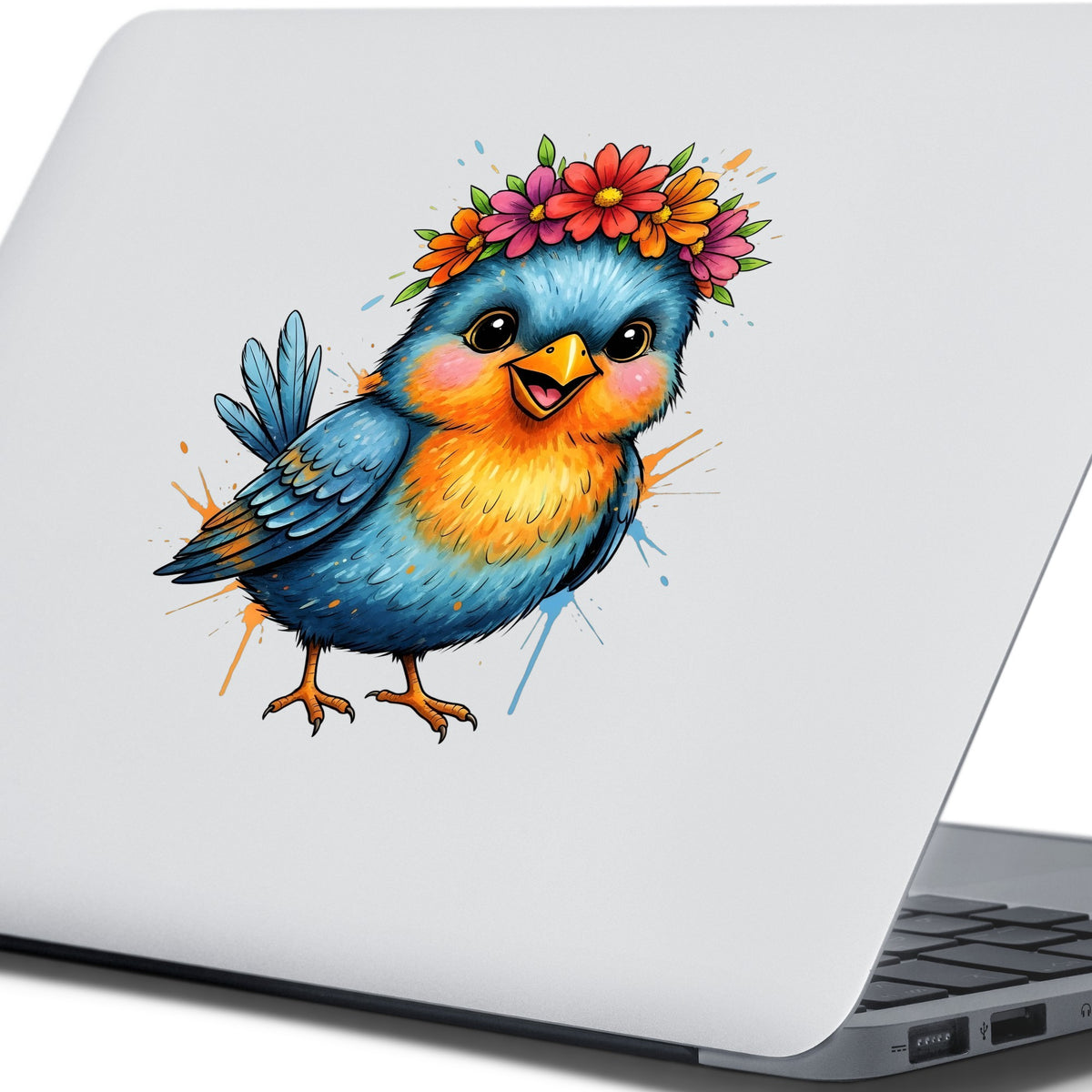 Flower Crown Blue Bird UV DTF sticker applied to the lid of a silver laptop