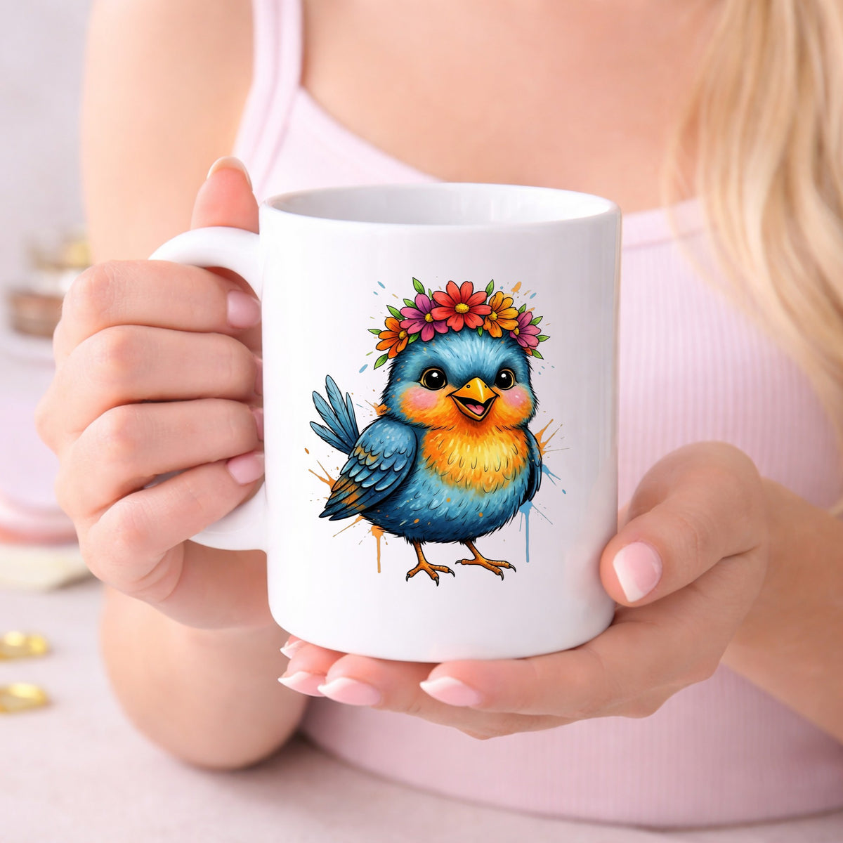 Flower Crown Blue Bird UV DTF sticker applied to a white coffee mug held in both hands