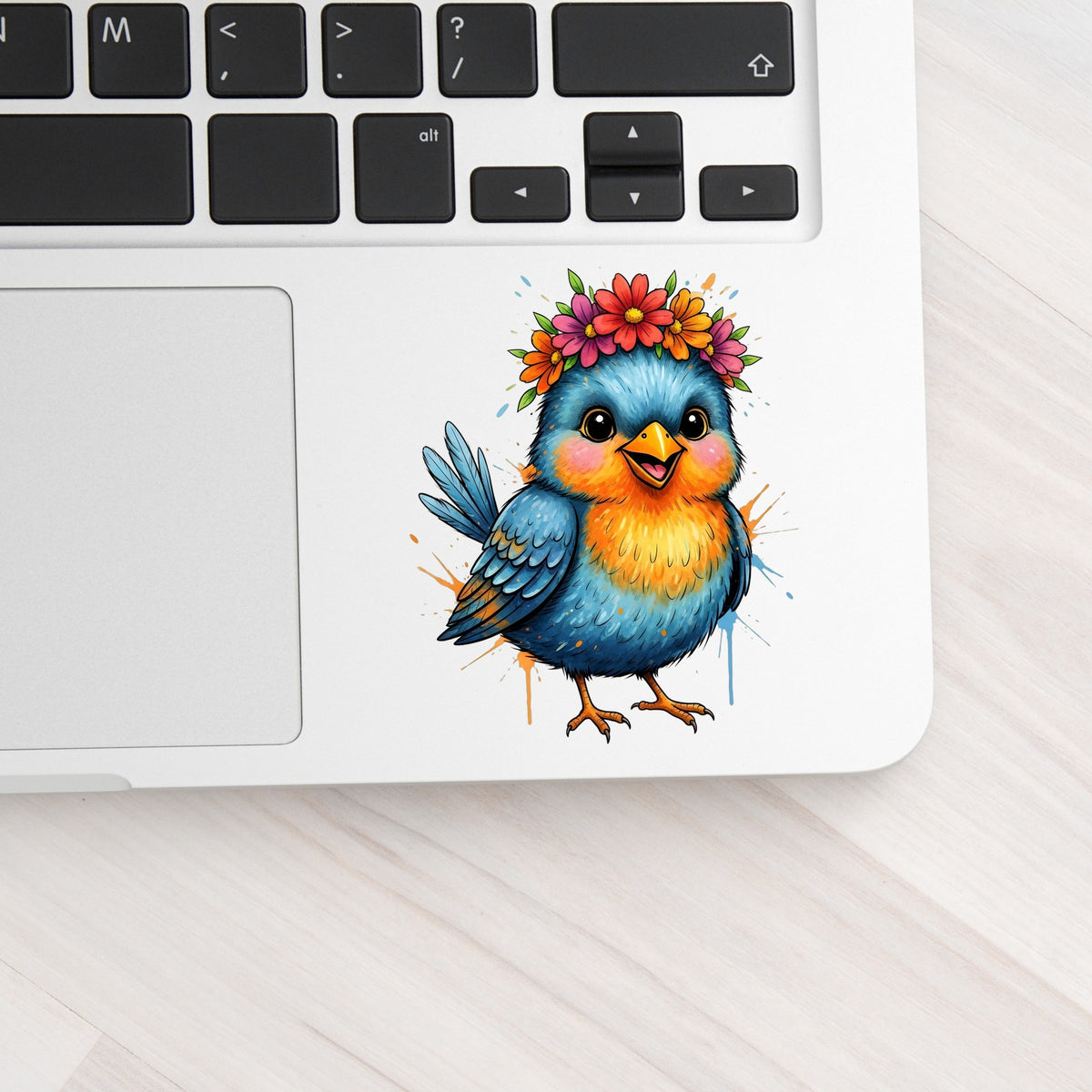 Flower Crown Blue Bird UV DTF sticker applied to a silver laptop beside the keyboard