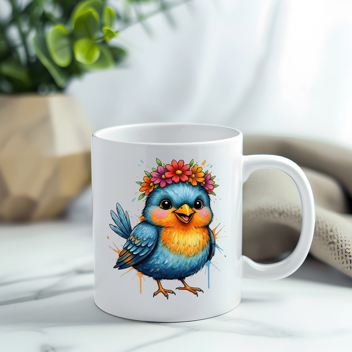 Flower Crown Blue Bird UV DTF sticker applied to a white coffee mug