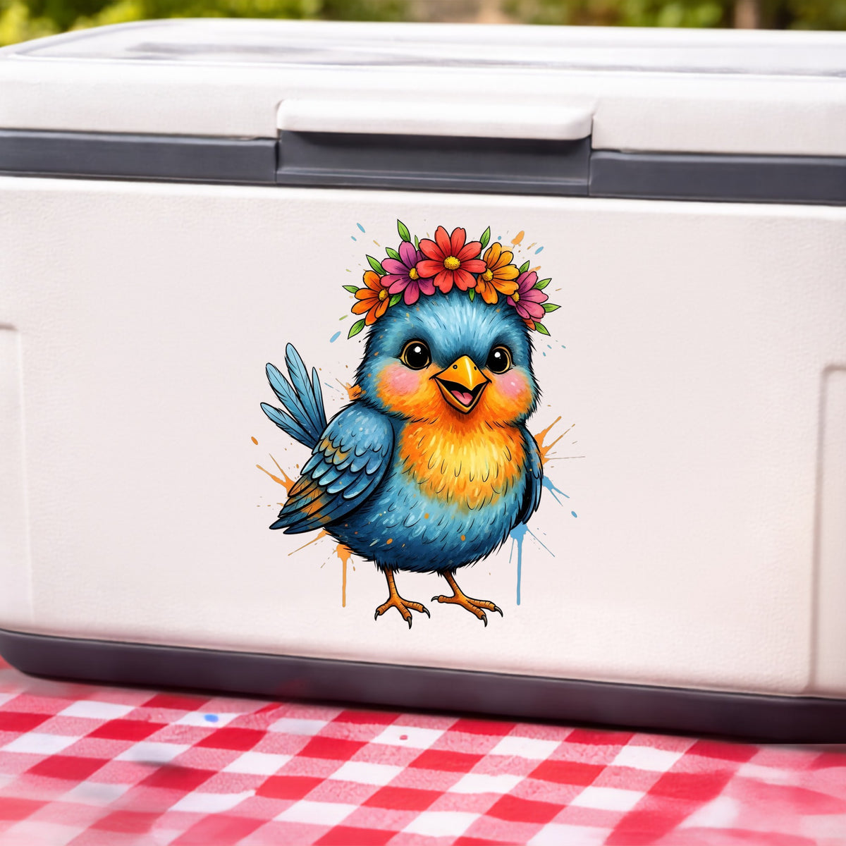 Flower Crown Blue Bird UV DTF sticker applied to a white cooler on a red gingham cloth