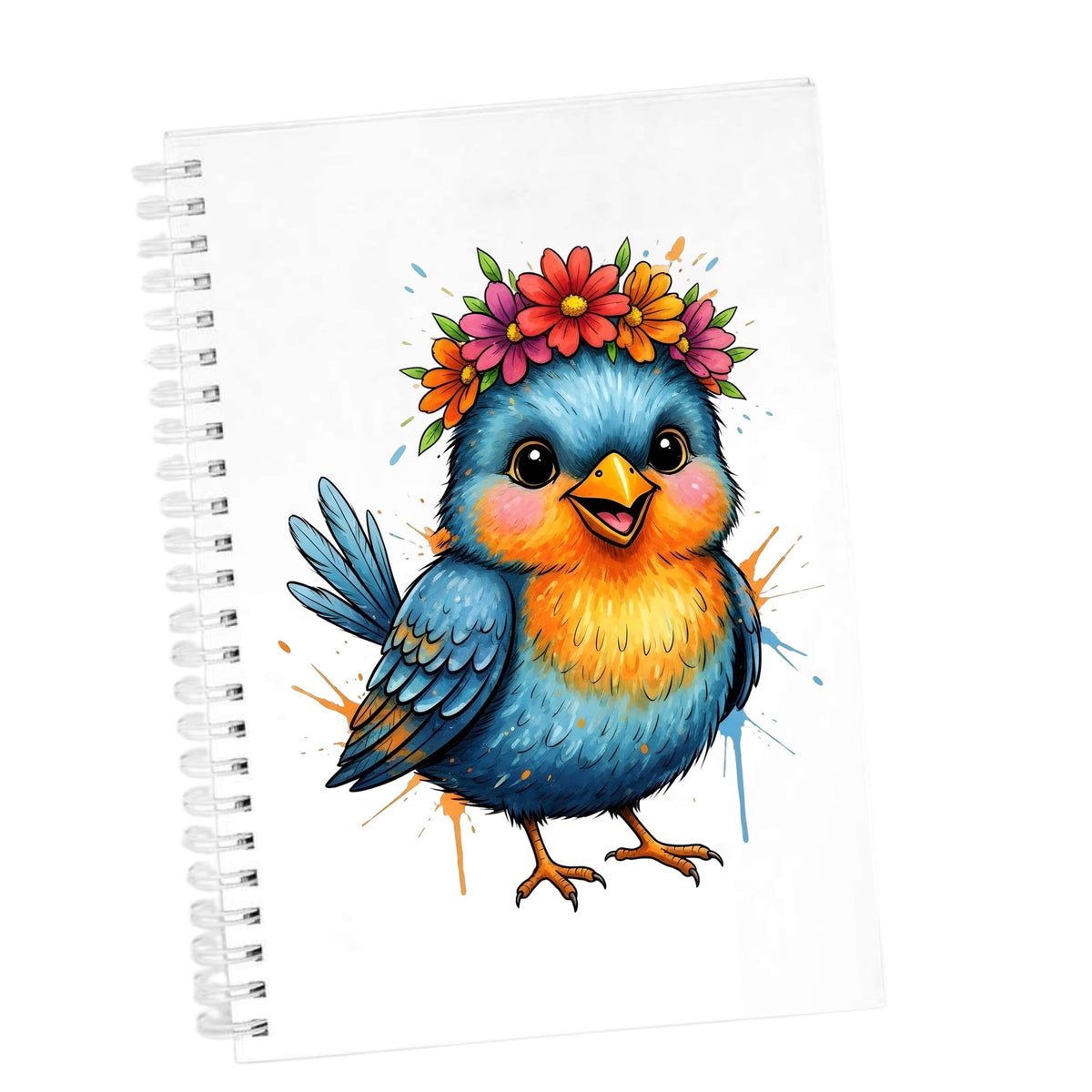 Flower Crown Blue Bird UV DTF sticker applied to the cover of a white spiral journal