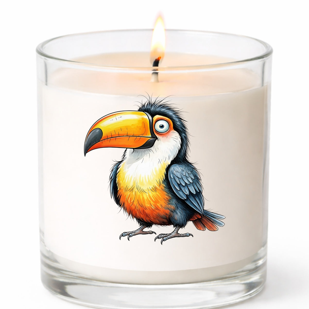 Toucan Big Orange Beak UV DTF sticker applied to a white candle in a clear glass jar