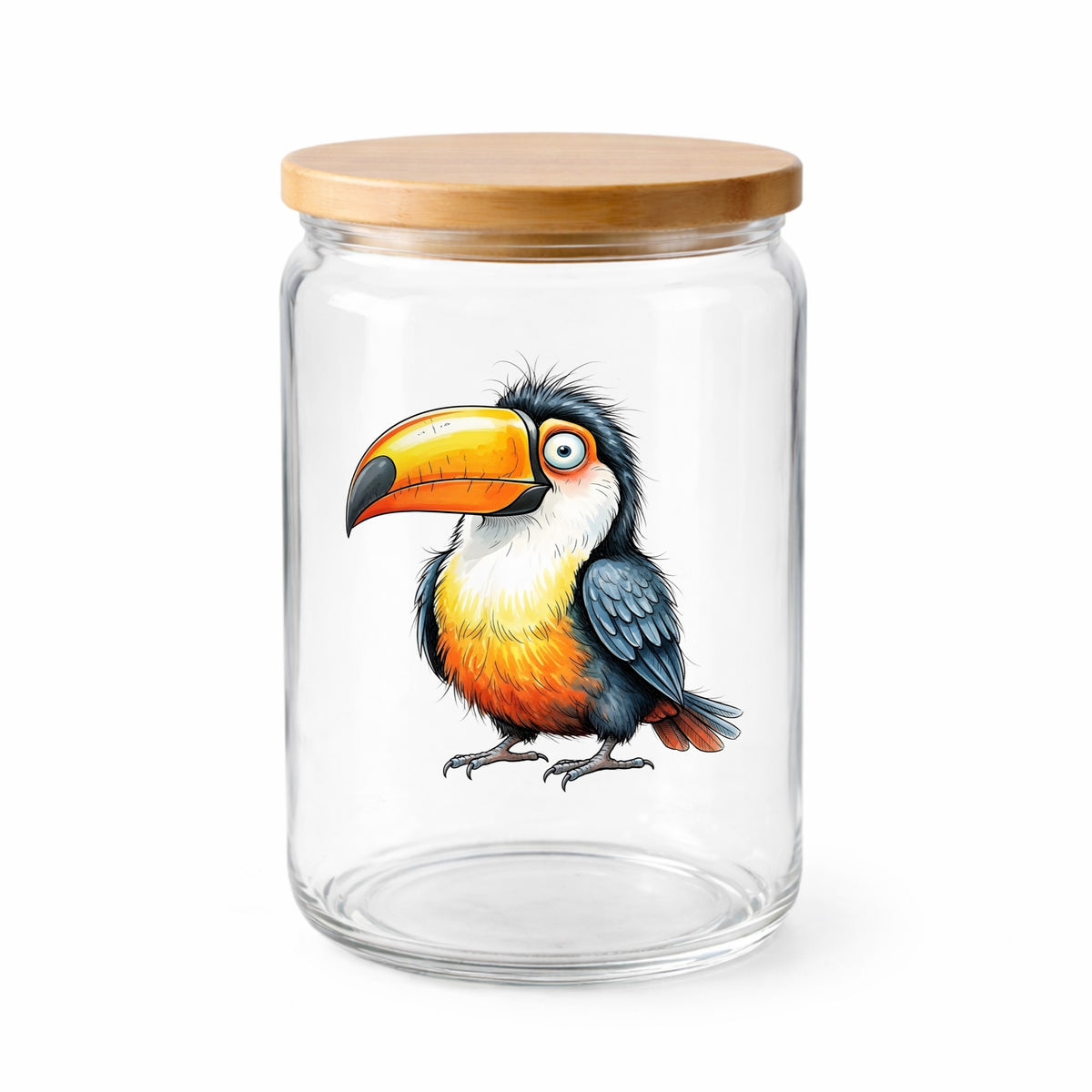 Toucan Big Orange Beak UV DTF sticker applied to a clear glass jar with a wooden lid