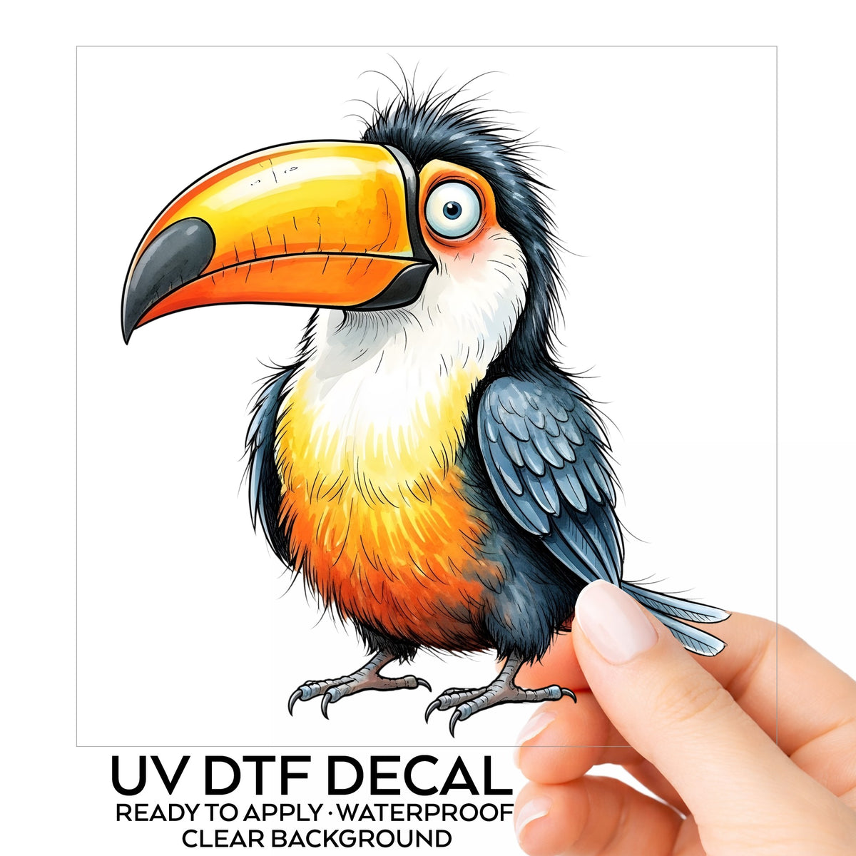 Toucan Big Orange Beak UV DTF sticker on its backing card, held in hand
