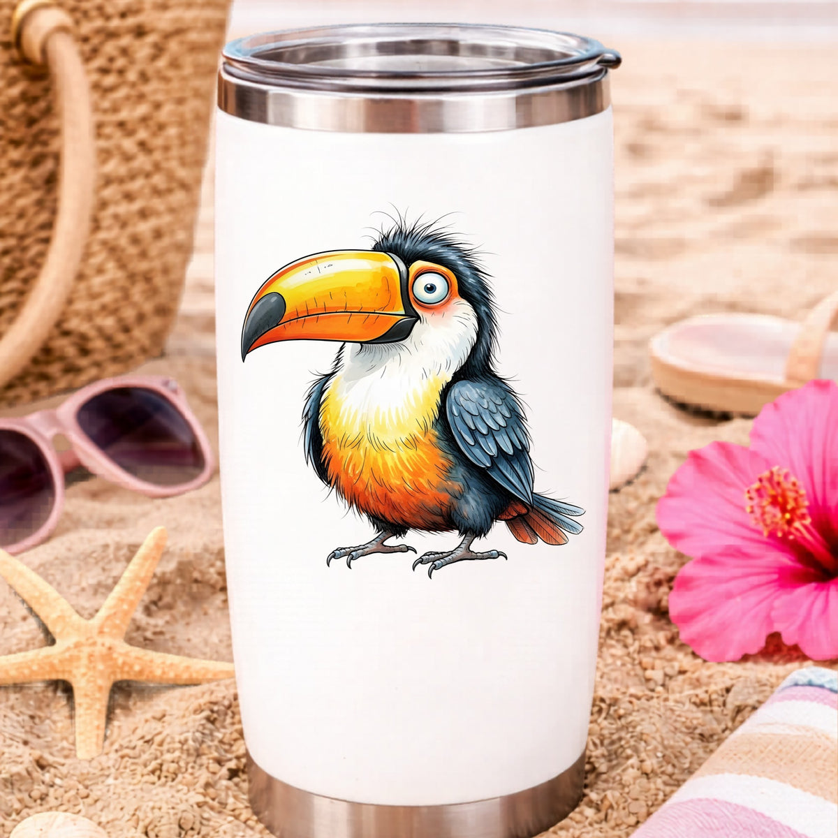 Toucan Big Orange Beak UV DTF sticker applied to a white travel tumbler on beach sand