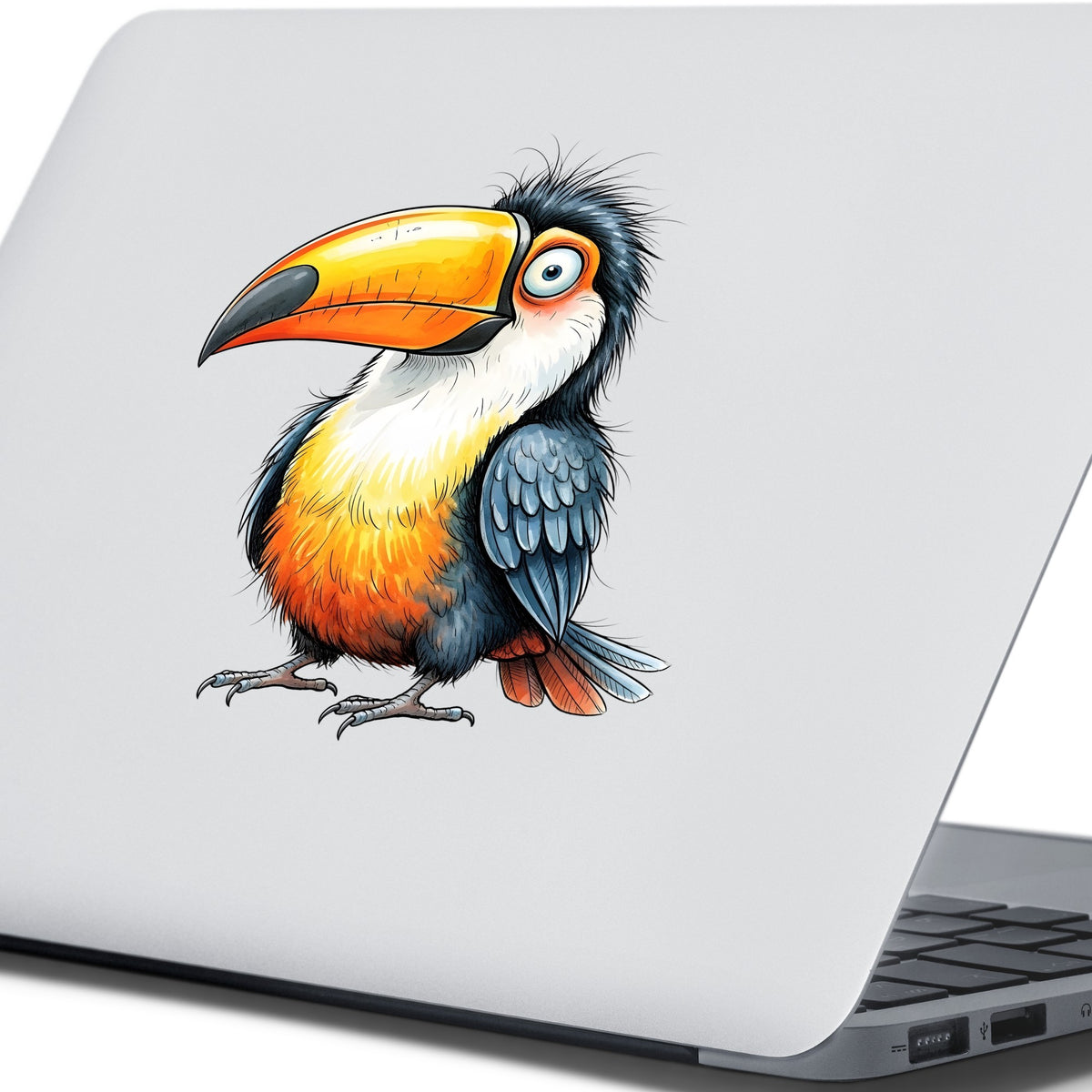 Toucan Big Orange Beak UV DTF sticker applied to the lid of a silver laptop