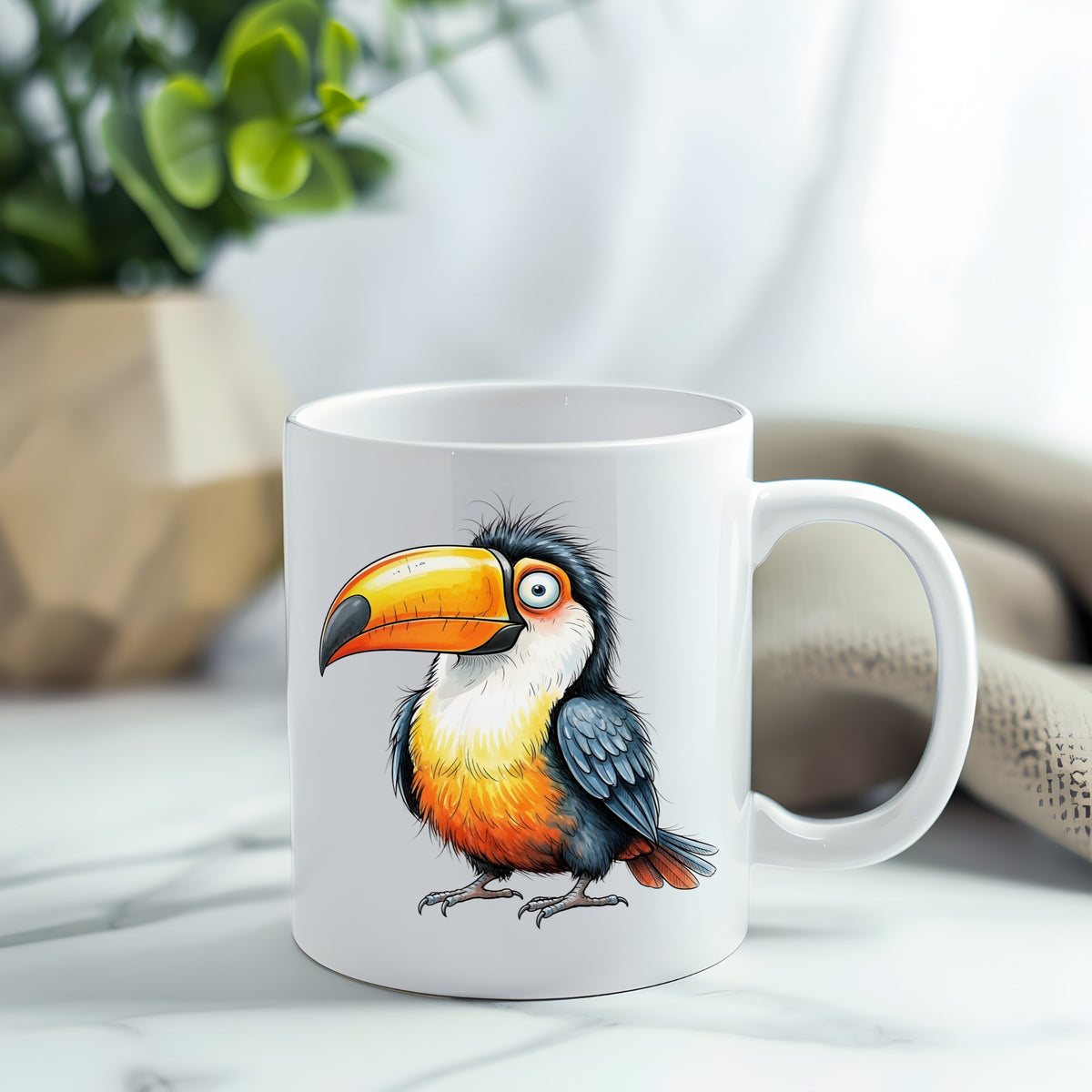 Toucan Big Orange Beak UV DTF sticker applied to a white coffee mug
