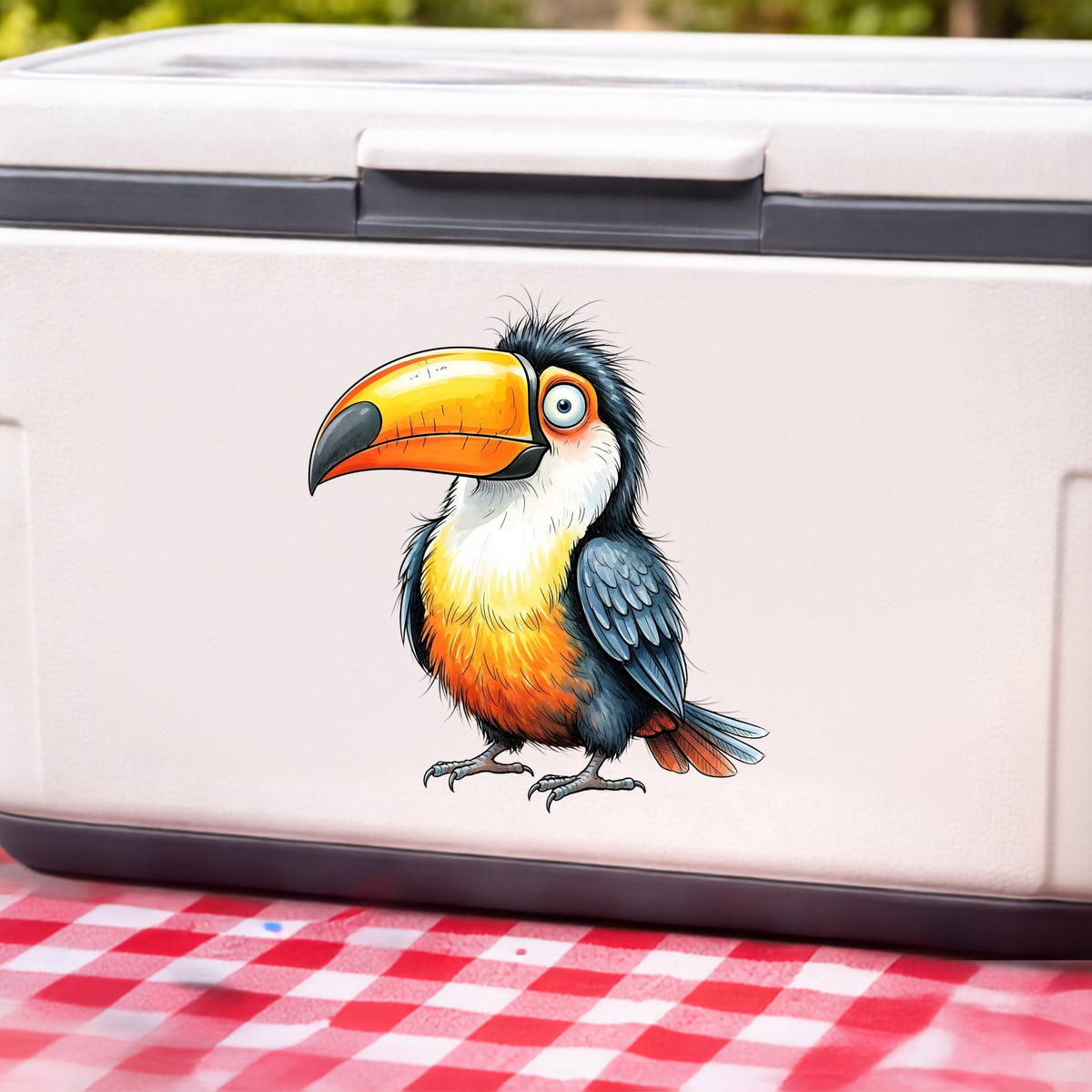 Toucan Big Orange Beak UV DTF sticker applied to a white cooler on a red gingham cloth