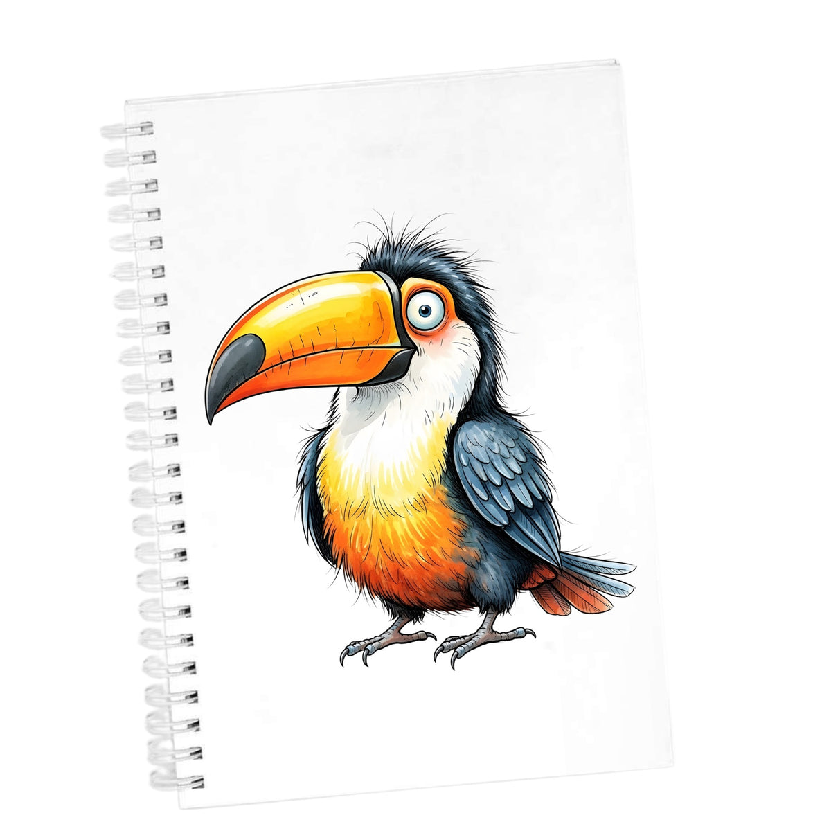 Toucan Big Orange Beak UV DTF sticker applied to the cover of a white spiral journal