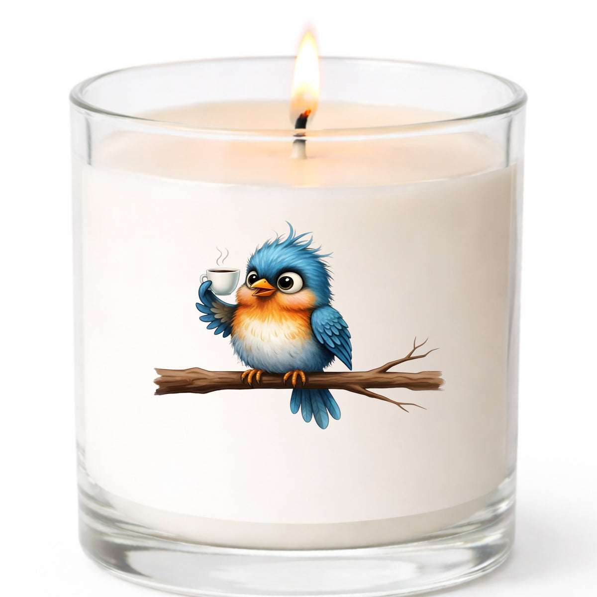 Bird Drinking Coffee On Branch UV DTF sticker applied to a white candle in a clear glass jar
