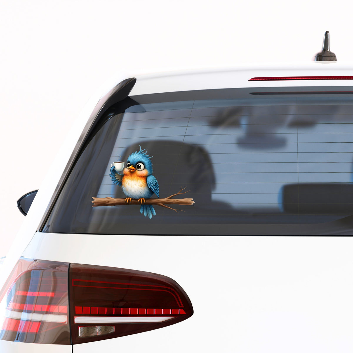 Bird Drinking Coffee On Branch UV DTF sticker applied to the rear window of a white car