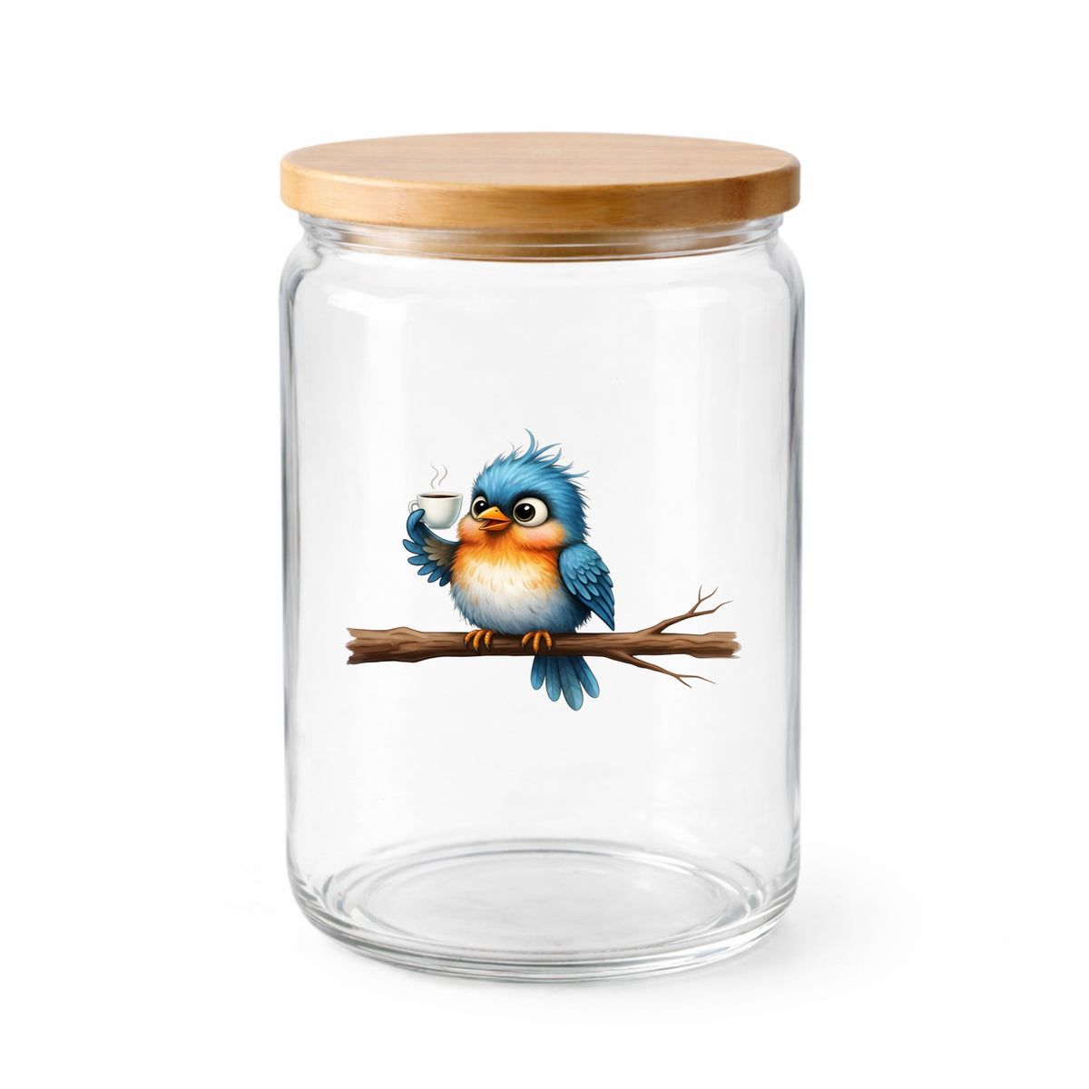 Bird Drinking Coffee On Branch UV DTF sticker applied to a clear glass jar with a wooden lid