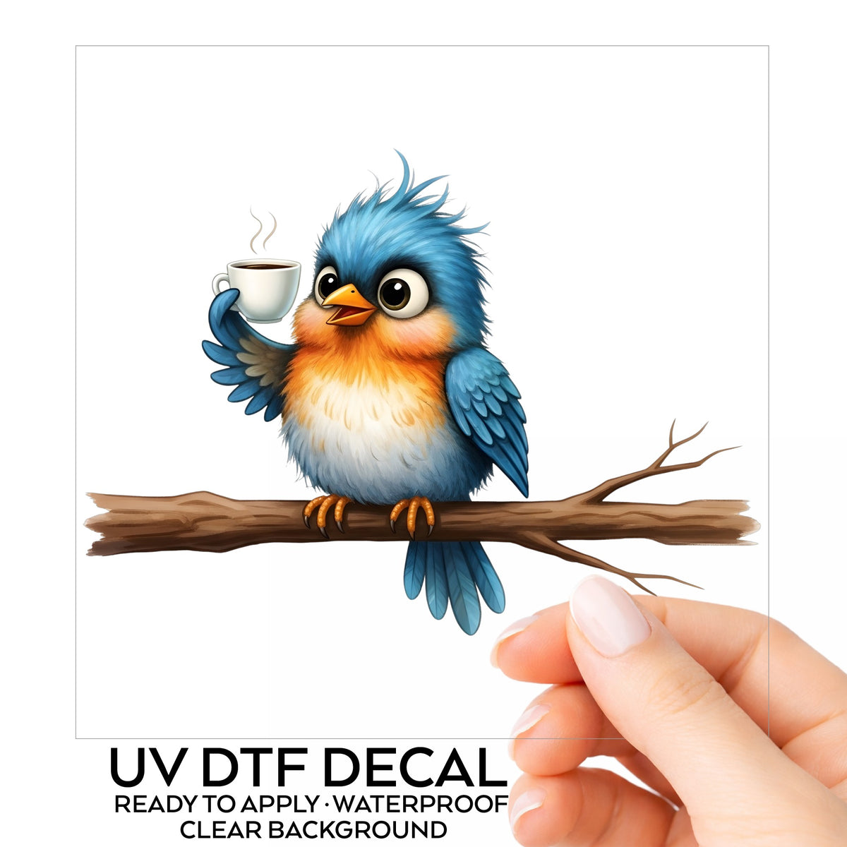 Bird Drinking Coffee On Branch UV DTF sticker on its backing card, held in hand