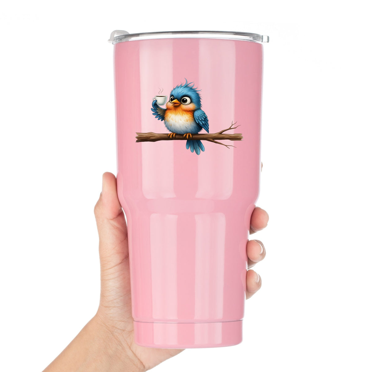 Bird Drinking Coffee On Branch UV DTF sticker applied to a pink tumbler held against a white background