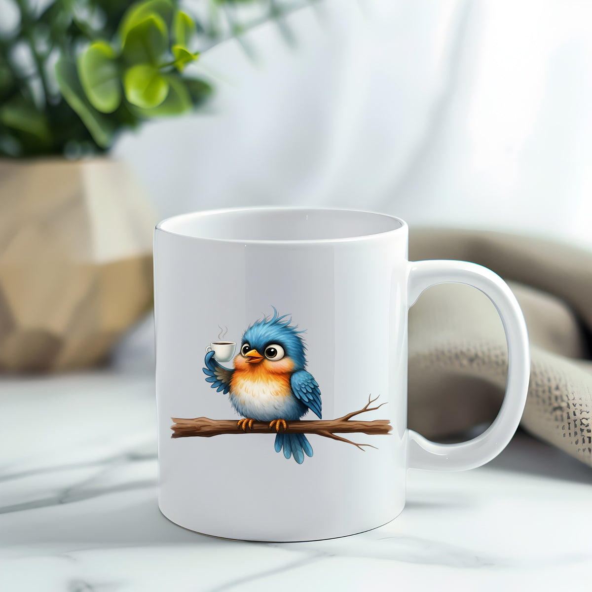 Bird Drinking Coffee On Branch UV DTF sticker applied to a white coffee mug