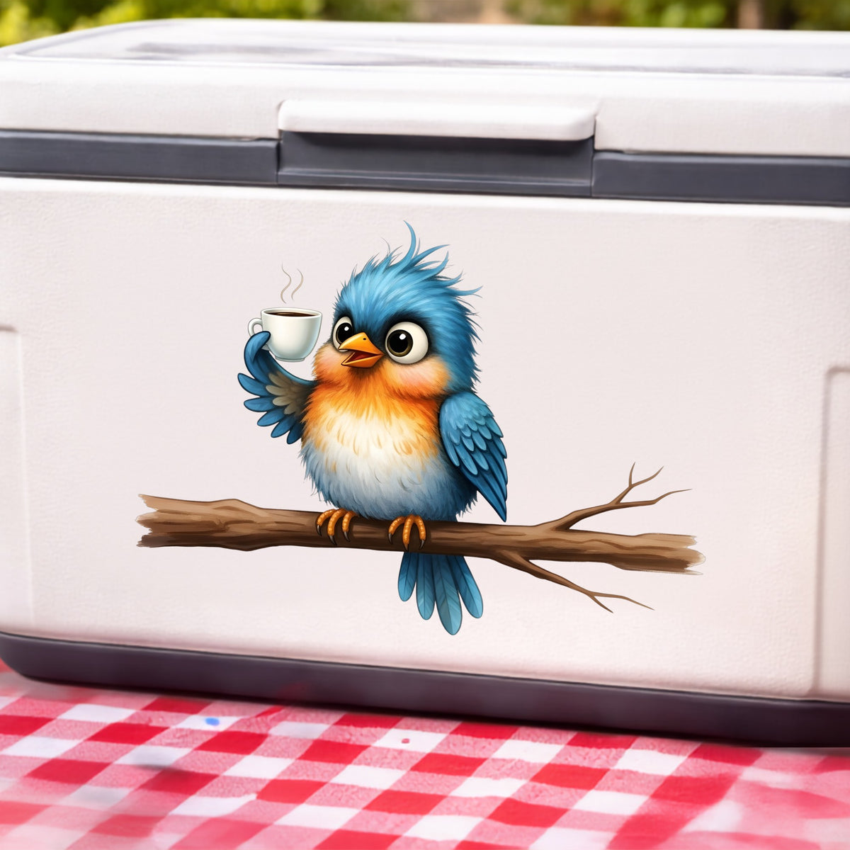 Bird Drinking Coffee On Branch UV DTF sticker applied to a white cooler on a red gingham cloth