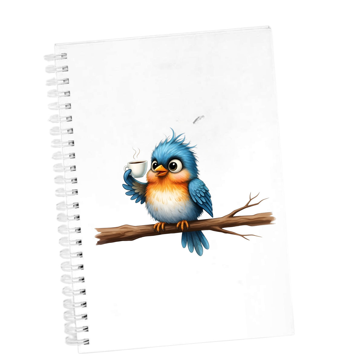 Bird Drinking Coffee On Branch UV DTF sticker applied to the cover of a white spiral journal