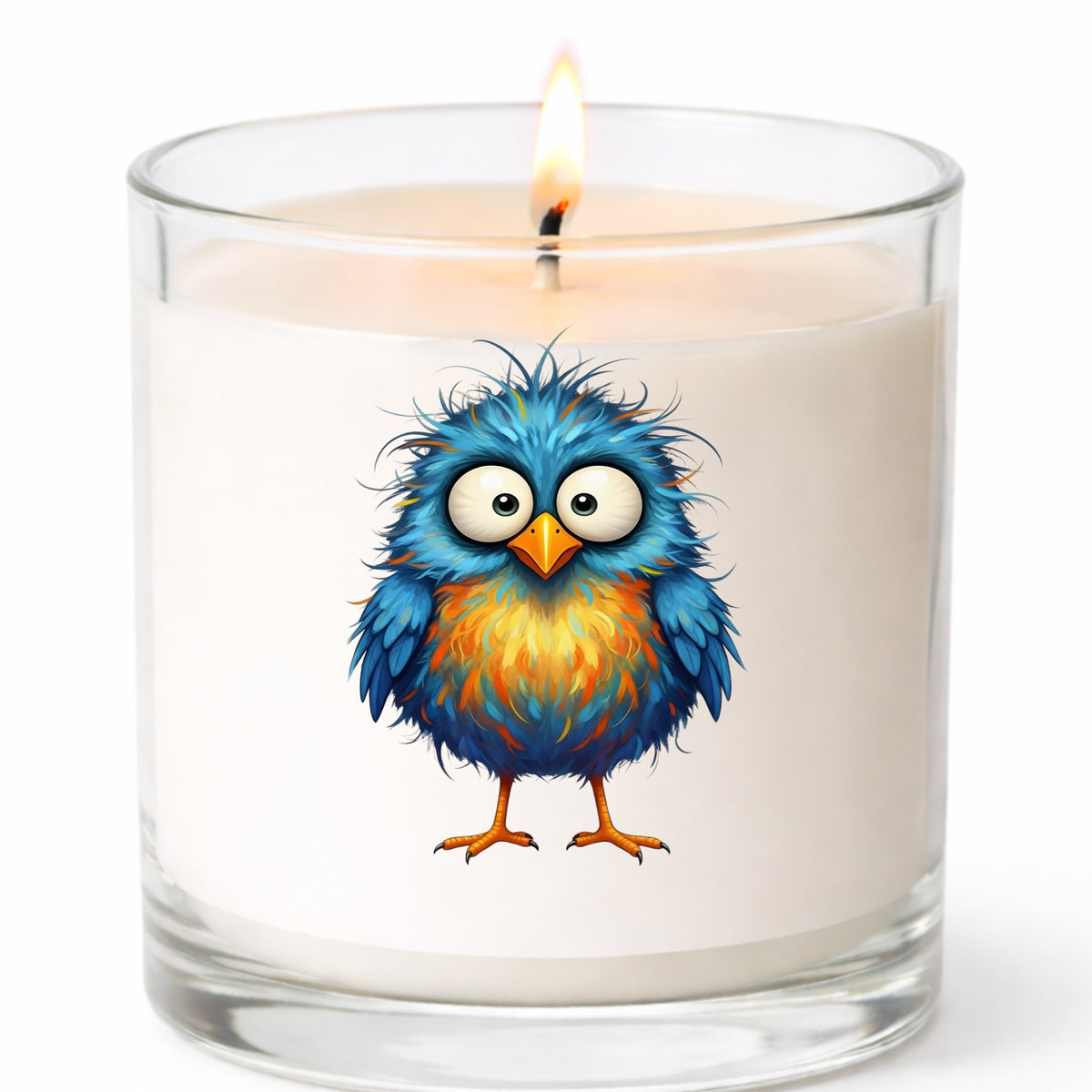 Chaotic Fuzzy Blue Bird UV DTF sticker applied to a white candle in a clear glass jar