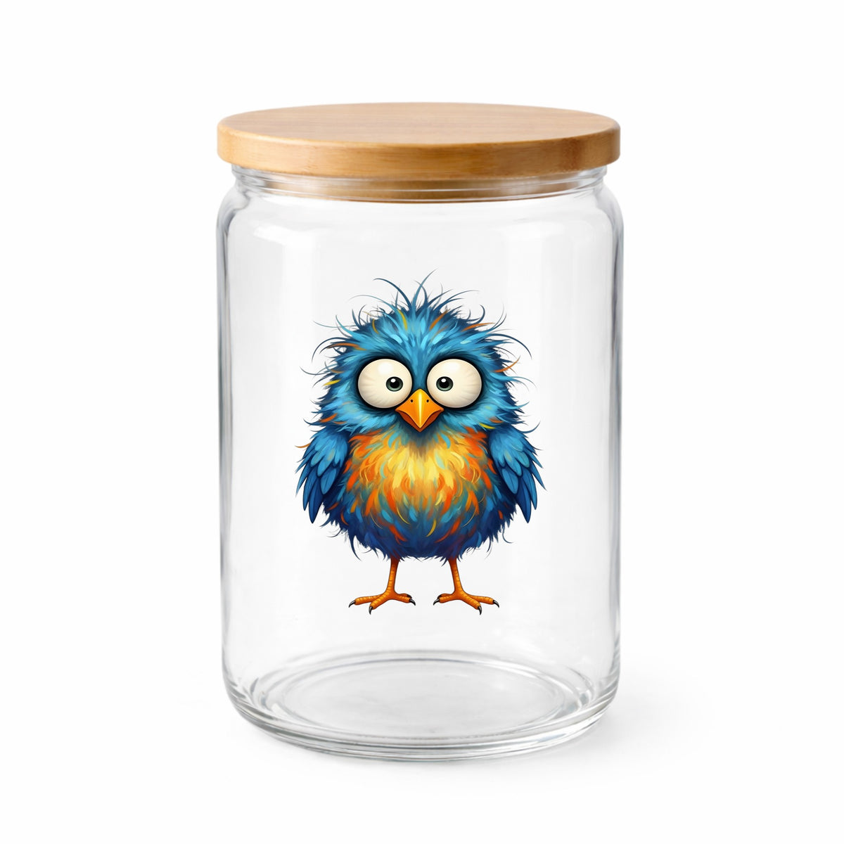 Chaotic Fuzzy Blue Bird UV DTF sticker applied to a clear glass jar with a wooden lid