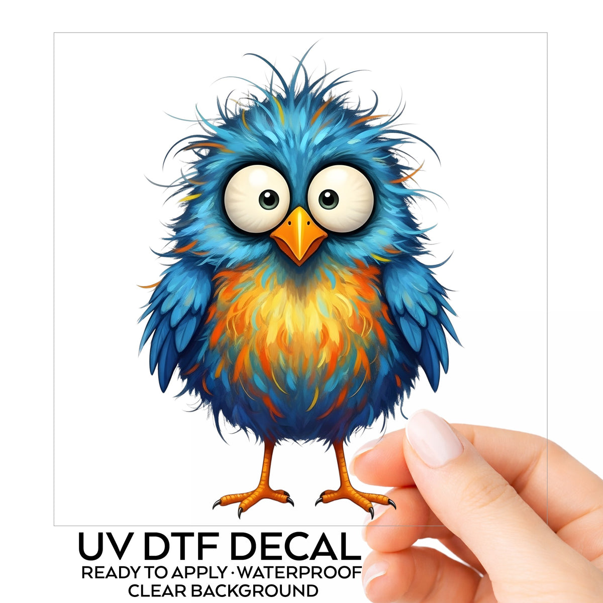 Chaotic Fuzzy Blue Bird UV DTF sticker on its backing card, held in hand