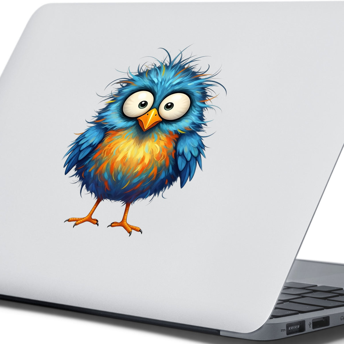 Chaotic Fuzzy Blue Bird UV DTF sticker applied to the lid of a silver laptop