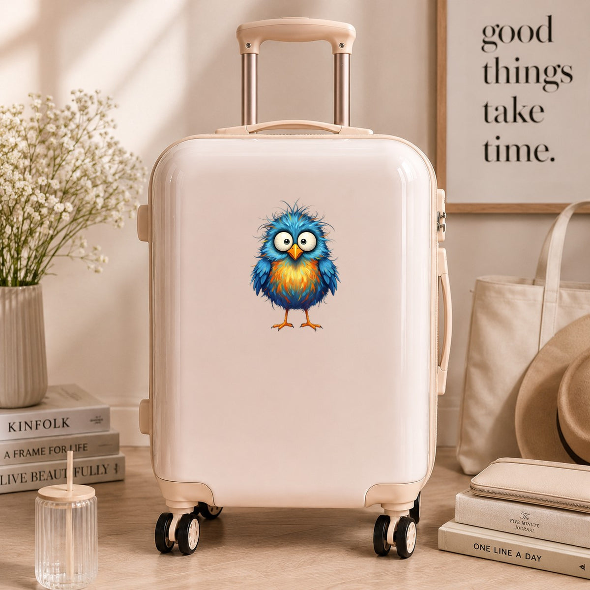 Chaotic Fuzzy Blue Bird UV DTF sticker applied to a cream carry-on suitcase