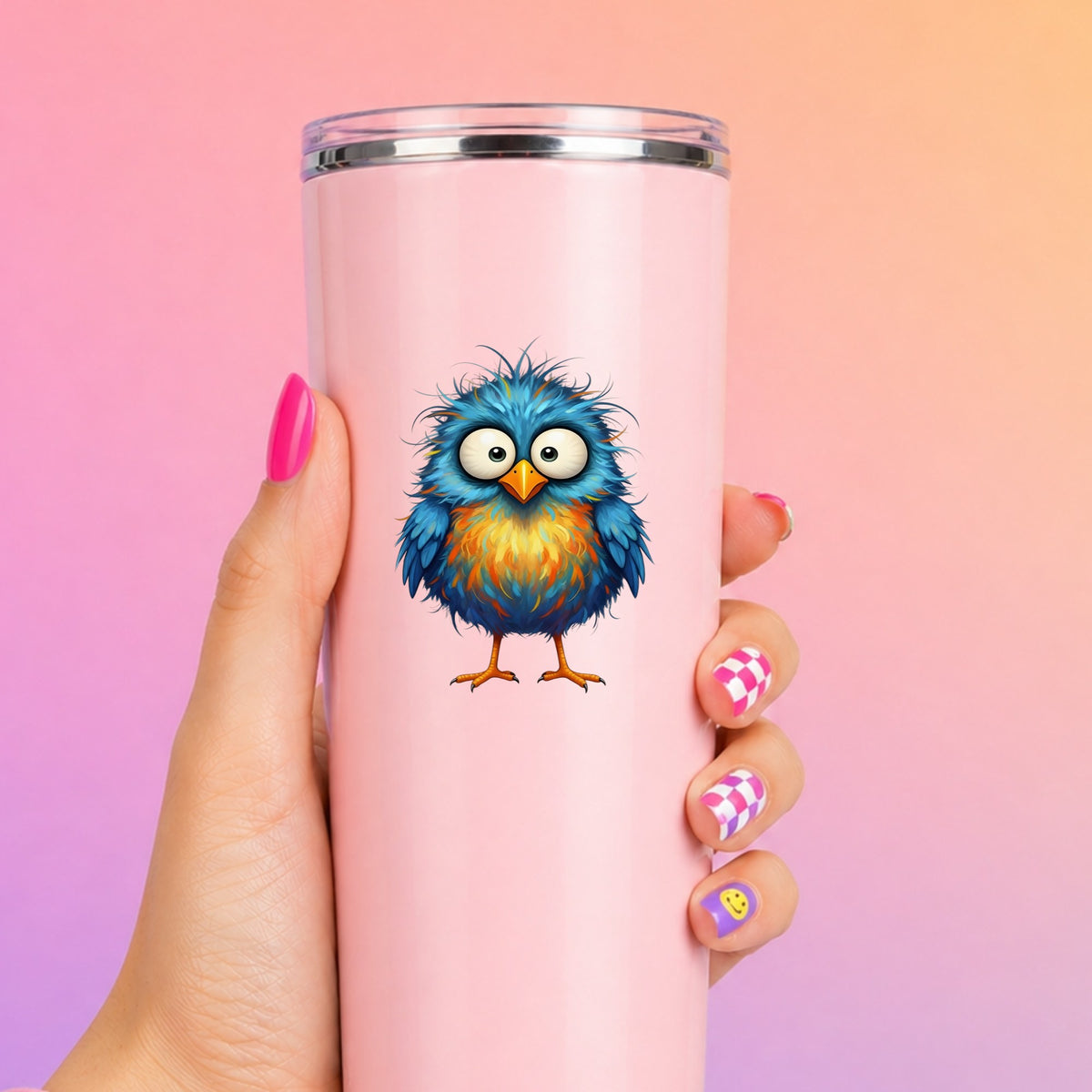 Chaotic Fuzzy Blue Bird UV DTF sticker applied to a tall pink tumbler on a pink and orange background